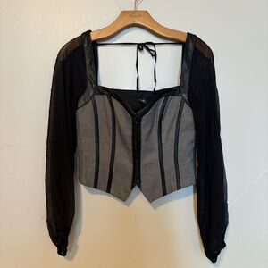 Bebe Y2K Leather & Silk Sheer Long Sleeve Corset Top Size Small Eye Hook Close